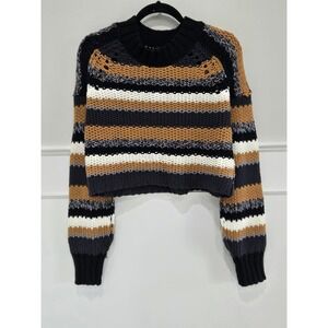 Free People Striped Chunky Knit Cropped Sweater Black Tan White Small